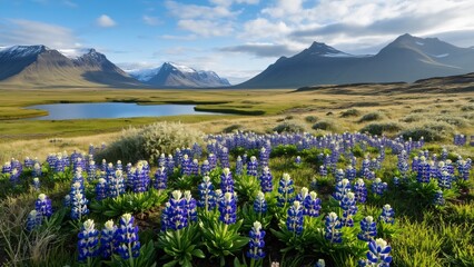 Fototapeta premium Icelandic Landscape, Stunning Bluebonnet & Purple Flower Meadow, Lake, Mountains, Green Grassland Under Blue Sky