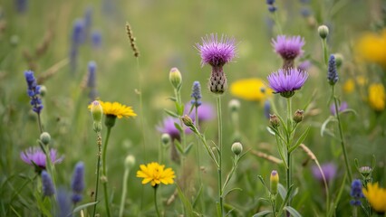 Fototapeta premium Vibrant English Meadow, Macro Photography of Purple & Yellow Wildflowers