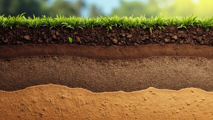 Detailed Soil Cross-Section, Layers of Dirt, Topsoil, Subsoil & Sand with Copy Space - Web Banner