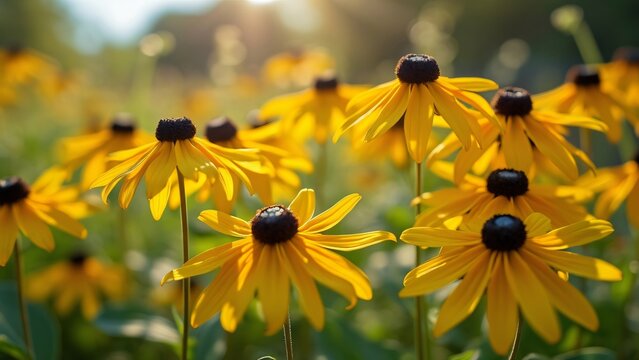Vibrant Yellow Black-Eyed Susan Flowers in High Definition, A Stunning Close-Up of a Field of Blooming Black-Eyed Susans, Bathed in Golden Sunlight