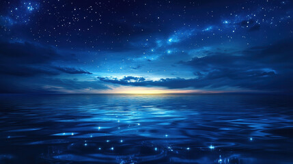 Obraz premium starry night sky over calm lake reflects serene beauty