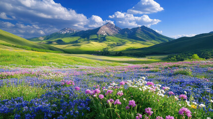 Obraz premium serene landscape of rolling hills covered in vibrant flowers