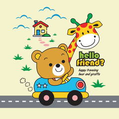 bear and giraffe ride in car,design cartoon vector illustration