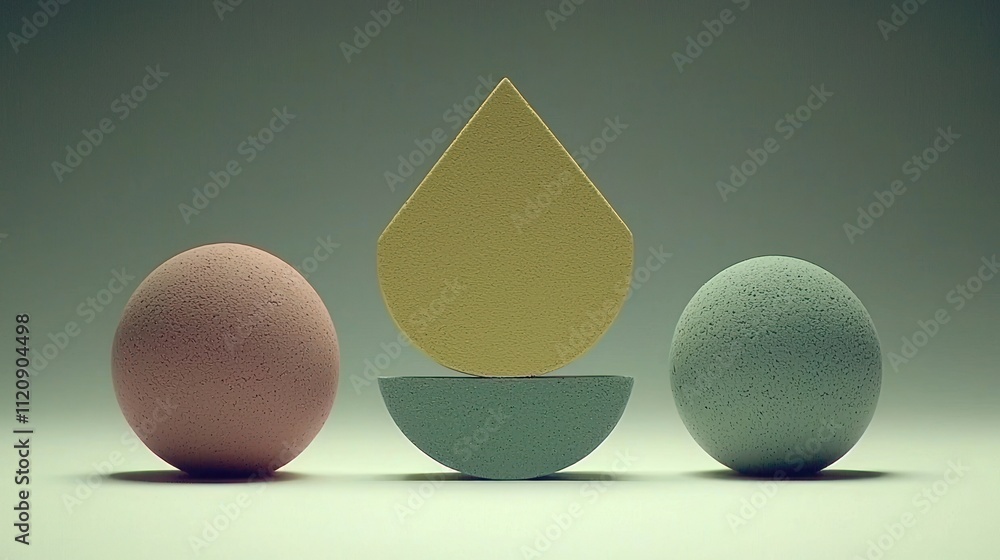 Poster abstract composition featuring three spheres and a drop shape in soft colors.