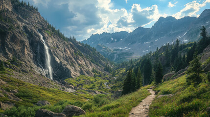 stunning mountain landscape featuring winding trail and waterfall