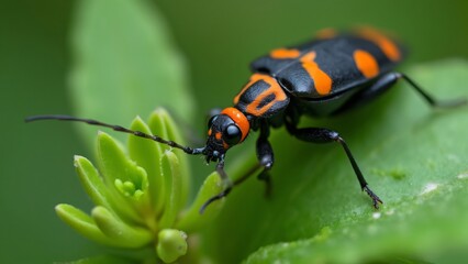 Naklejka premium Macro Photography of Black and Orange Sloping Bug on Green Plant