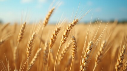 Fototapeta premium Golden Wheat Field Close-Up, Ripe Ears of Wheat Under a Sunny Blue Sky - Photorealistic Image of Agricultural Harvest