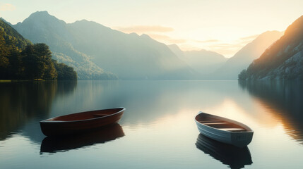 Fototapeta premium serene lakeside scene with two boats and mountains in background