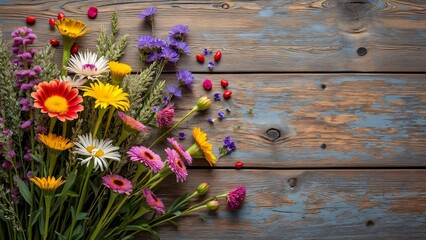 Vibrant Wildflower Bouquet on Rustic Wooden Table, Spring Summer Flat Lay Photography