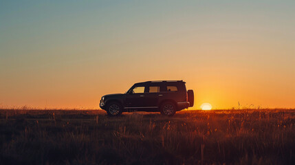 Fototapeta premium Sports utility vehicle parked in a field against a clear sky during dusk.
