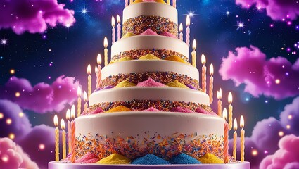 joyful energy. The entire atmosphere is infused with a sense of celebration, wonder, and magic, as if the cake is about to take center stage at a fantastical, fairytale birthday party.


