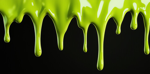 Green slime dripping down on a black background, green liquid flowing down, melting and dripping