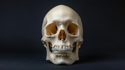 Fototapeta premium Front-facing human skull with precise detailing, illuminated to emphasize its contours and texture on a black background.