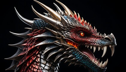 a dragon with red and blue on its head