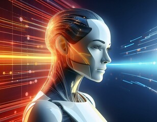 A futuristic AI-powered robot surrounded by holographic data streams, showcasing global connectivity and innovation in technology