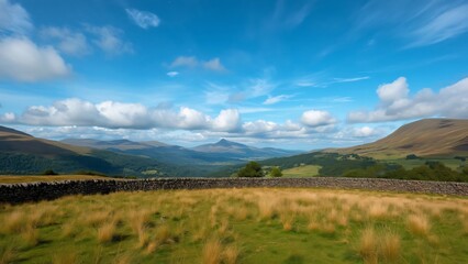 Obraz premium Stunning Scottish Highlands Landscape, Wide-Angle View of Rolling Hills, Stone Wall, and Vast Blue Sky with Clouds
