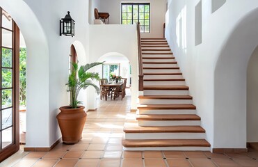Sunlit entryway with terracotta tile floor, wooden staircase, and arched doorways leading to dining area and garden.