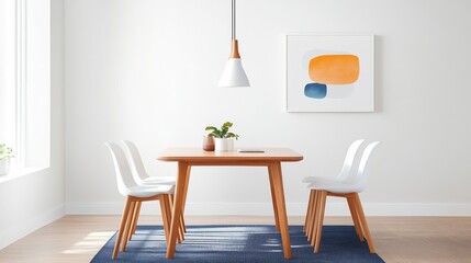 A modern dining space featuring a wooden table, white chairs, a pendant light, and a colorful artwork on the wall, complemented by a blue rug.