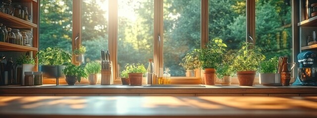 Kitchen Scene Cozy Wooden Table Warm Light Herbs Utensils Interior Design