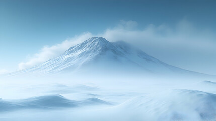 Serene snow-capped mountain peak shrouded in mist, winter landscape.