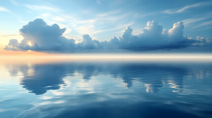 Serene ocean sunset with clouds reflected in calm water.
