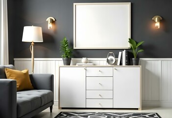 A modern living room with white framed wall art, a gray sofa, a white cabinet, and a potted plant on a side table