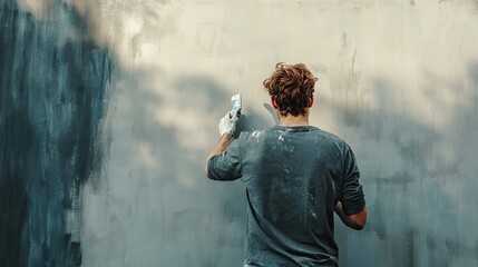 Obraz premium Man plastering a wall, back view.