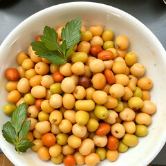 Cooked chickpeas in white bowl Ingredient for Tasty vegetarian food Boiled chickpeas selective focus