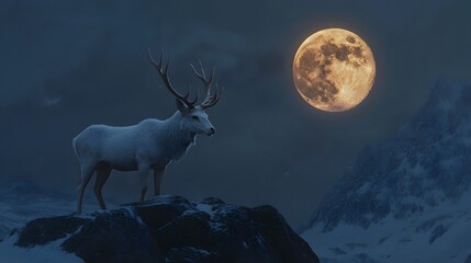 A majestic white deer with perfect antlers, on the mountain and the beautiful view of the full moon at night