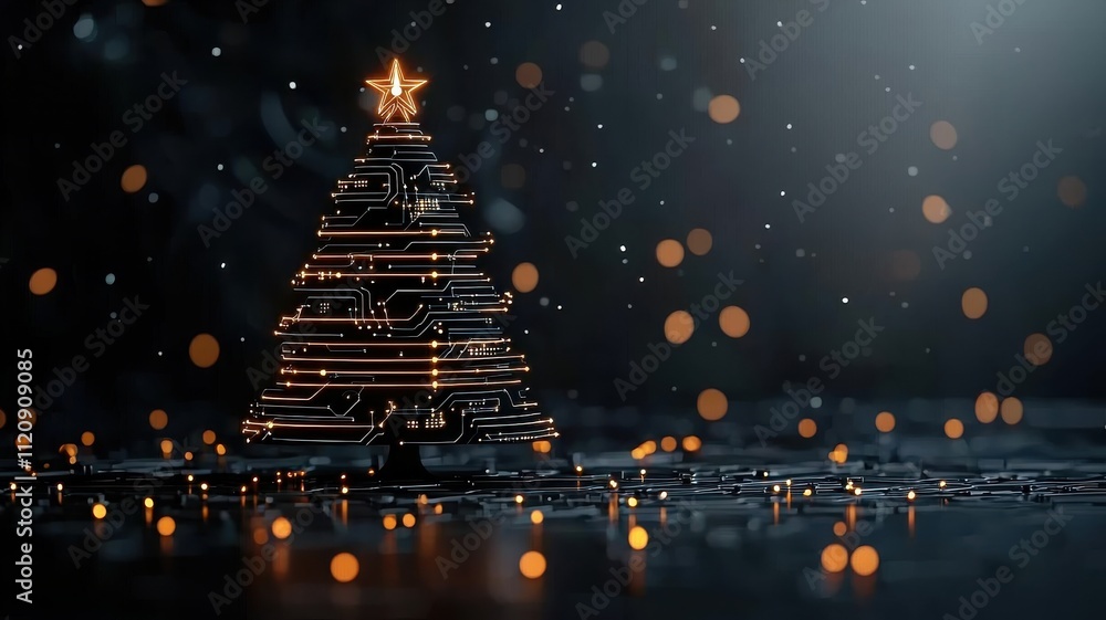 Poster a digital christmas tree made of lights and circuits, glowing softly against a dark background with 
