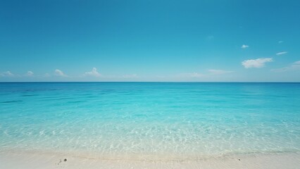 Obraz premium Stunning Wide-Angle View of a Clear Blue Sea and Sky, Tranquil Beach Scene, Idyllic Seascape, Summer Vacation Paradise, Azure Waters, Bright Daylight, Crystal Clear Ocean