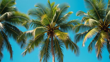 Fototapeta premium Lush Tropical Paradise, Vibrant Palm Trees Against a Sunny Blue Sky