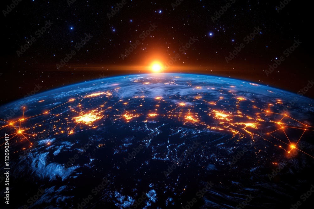 Poster futuristic earth with global network connections and digital communication from space
