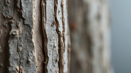 Close-Up Weathered Wood Texture, Intricate Grain & Natural Patterns of Old Tree Trunk Against Soft Gray Background
