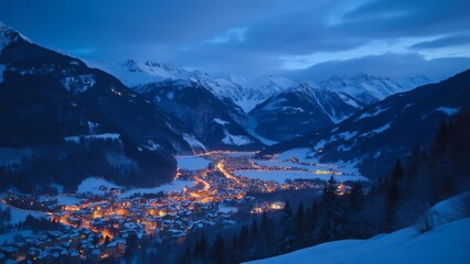 Stunning Night View of Swiss Snowy Valley Town, Illuminated Village Nestled in Alpine Mountains during Blue Hour