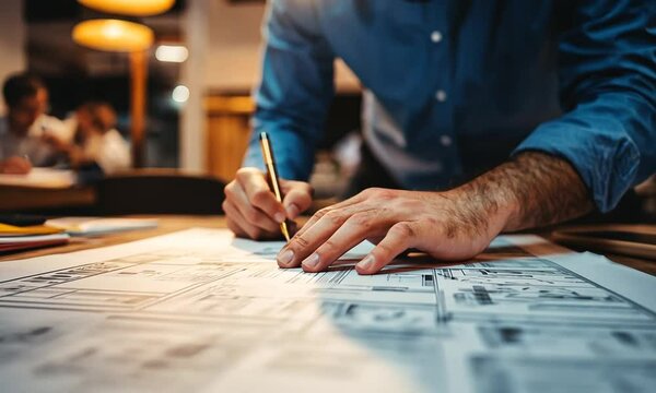 Designer Reviewing Blueprint and Marking with Golden Pen