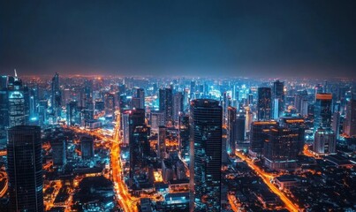 City skyline at night, showcasing illuminated buildings and streets.
