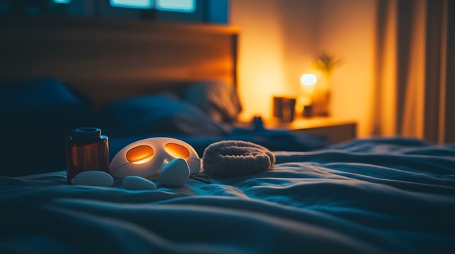 Sleep aid products neatly arranged on a bedside table, promoting relaxation and restful sleep for a peaceful night's slumber.