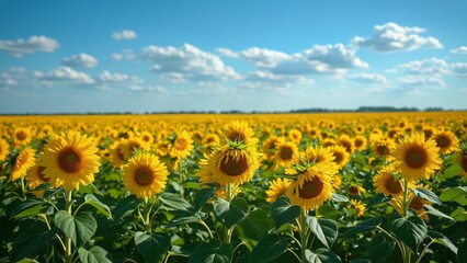 Vast Sunflower Field Under Blue Sky, Vibrant Yellow Flowers and Lush Green Leaves
