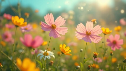 Fototapeta premium Vibrant Spring Meadow, Blooming Cosmos Flowers in Vintage Style Photography