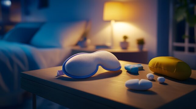 Sleep aid products neatly arranged on a bedside table, promoting relaxation and restful sleep for a peaceful night's slumber.