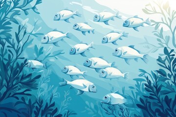 Obraz premium School of fish swimming underwater, amidst seaweed. Illustrates marine life, peaceful ocean scene.