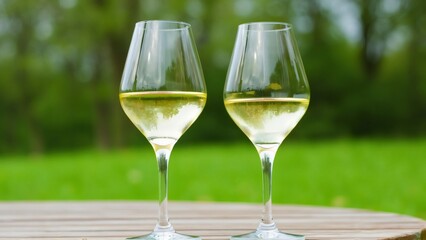 Two Glasses of Crisp White Wine on Rustic Outdoor Table, Lush Green Grass and Trees Background &ndash; Perfect Summer Relaxation Scene