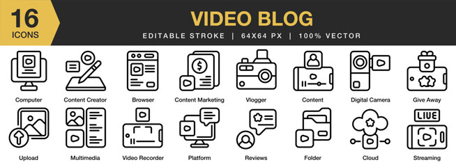 Video Blog icon set. Editable Stroke Icon Collection. Includes Action Camera, Influencer, Vlog, Vlogger, Youtuber, and More. Outline icons vector collection.