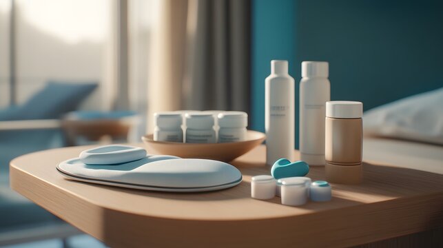 Sleep aid products neatly arranged on a bedside table, promoting relaxation and restful sleep for a peaceful night's slumber.