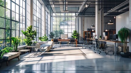 modern office interior with glass walls and open workspace design.
