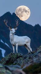 Obraz premium A majestic white deer with perfect antlers, on the mountain and the beautiful view of the full moon at night