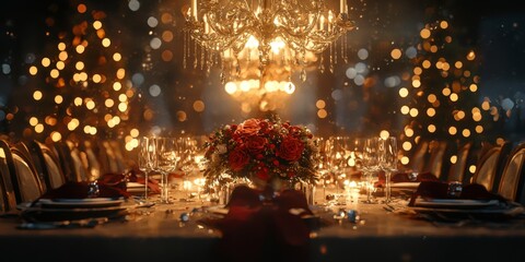 Obraz premium Festive New Year s Eve Dinner Table Setting with Chandelier