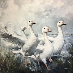 Majestic Geese in Flight: A Serene Wildlife Painting