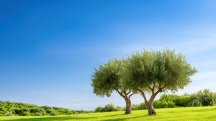 Obraz premium Two olive trees in a lush green landscape under a clear blue sky.